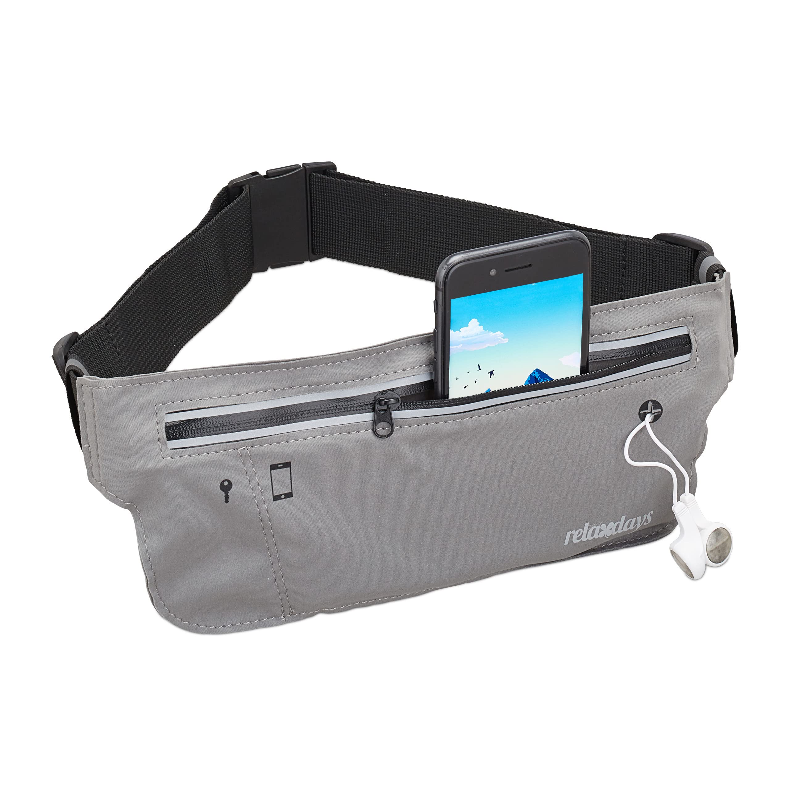 Relaxdays Running Bag, Waterproof, Reflective, 2 Compartments, Mobile Phones up to 7”, Fanny Pack Jogging, Grey