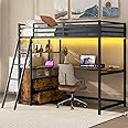Luckiofvonne Twin Size Loft Bed with Desk and Storage Drawers, Metal Loft Bed Frame with Light and Charging Station, Gaming Loft Beds with USB Ports and Outlets for Kids Boys Girls Teens, Black