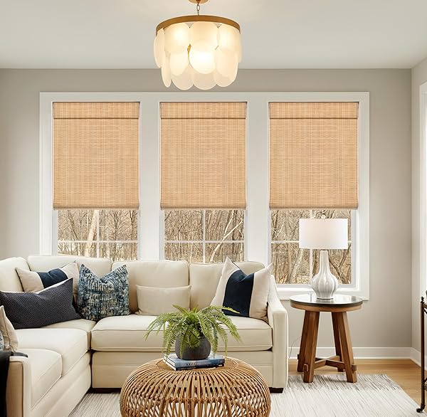 LAZBLINDS NO TOOLS NO DRILL CORDLESS BAMBOO ROMAN SHADES, LIGHT FILTERING WINDOW TREATMENT, ROLL UP BAMBOO BLINDS FOR WINDOW 26” W X 64” H, BROWN
