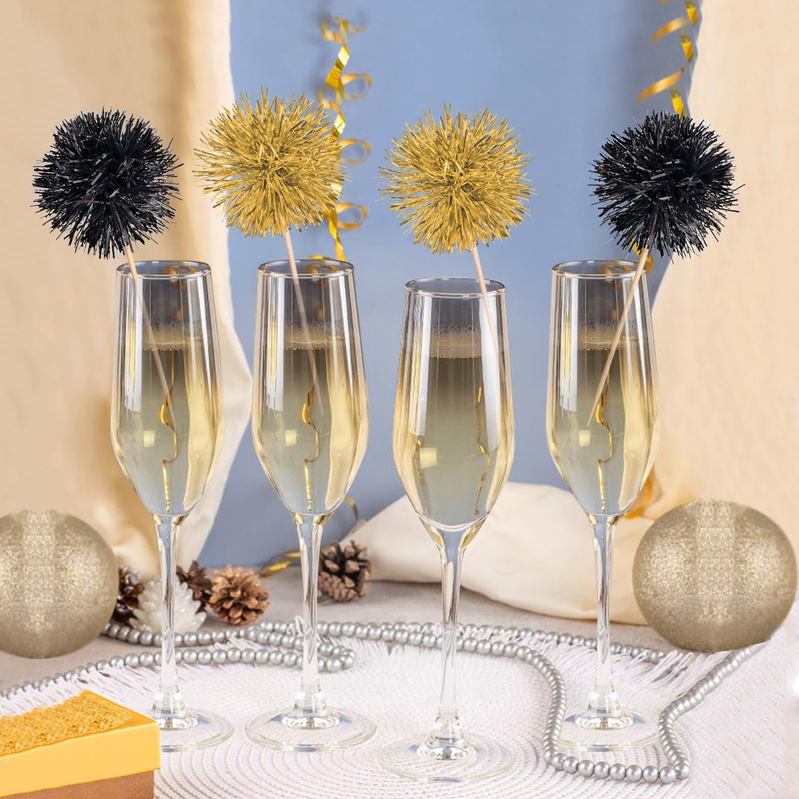 Photo 1 of 20pcs Foil Firework Cupcake Toppers Birthday Cake Toppers Sparkle Tinsel Cocktail Fruit Toothpick for Birthday Wedding Happy New Year Graduation Valentine's Party Supplies