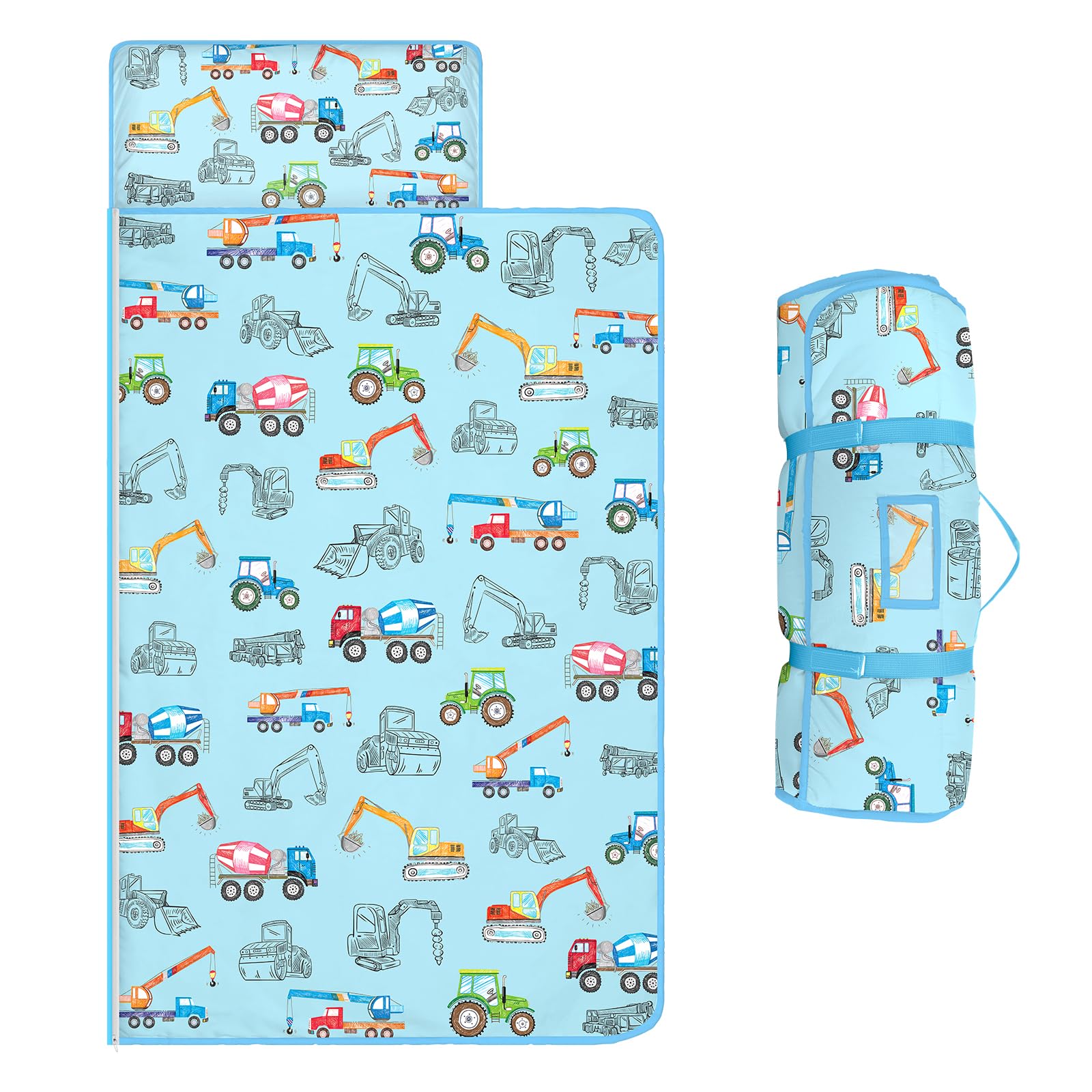 Kids Sleeping Bag,Nap Mat with Removable Pillow and Blanket,Warm Toddler Slumber Bag 150x60cm for Toddlers Boys Girls, Roll Up Kids Sleeping Mat for Bedroom Daycare Kindergarten,Construction Vehicles