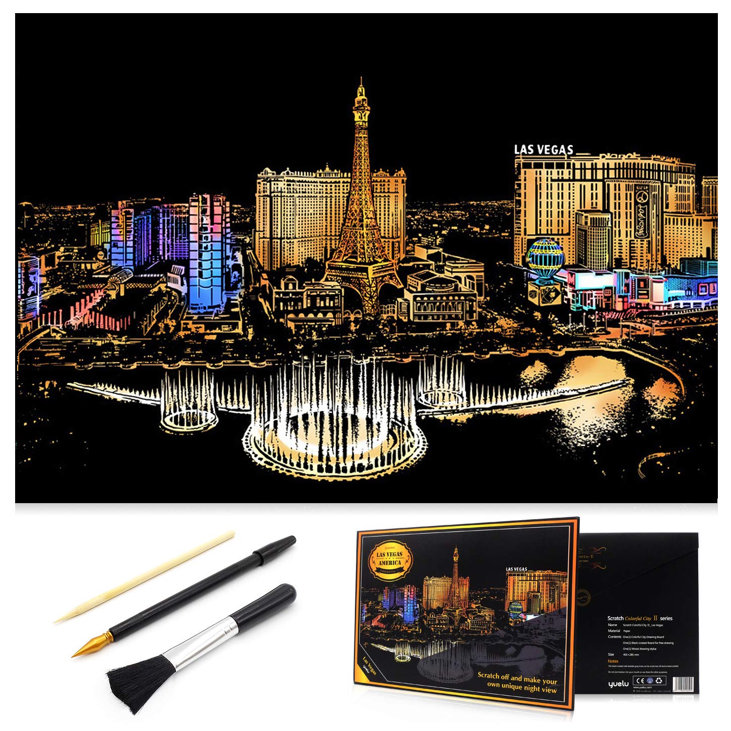 Scratch Art Rainbow Painting Paper (16'' x 11.2'' ) DIY Night View Sketch Pad for Teens & Adults, Painting Creative Gift, Engraving Art & Craft Set: Scratchboard, Drawing Pen, Brush (Las Vegas, USA)
