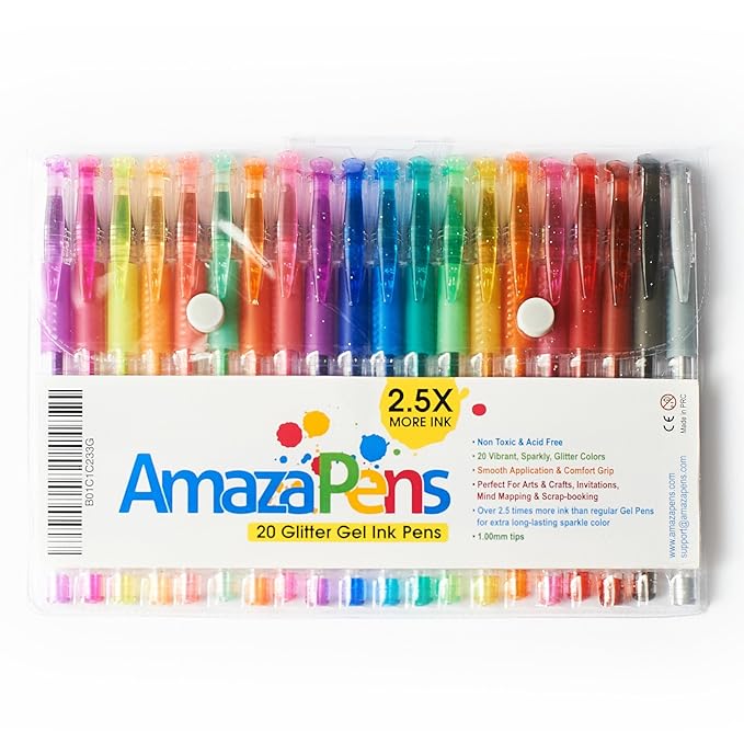 AmazaPens Gelstifte, 20er-Pack Super-Glitzereffekt | 150% mehr Tinte als andere Sets | Damit verleihen Sie Ihren Malbüchern u