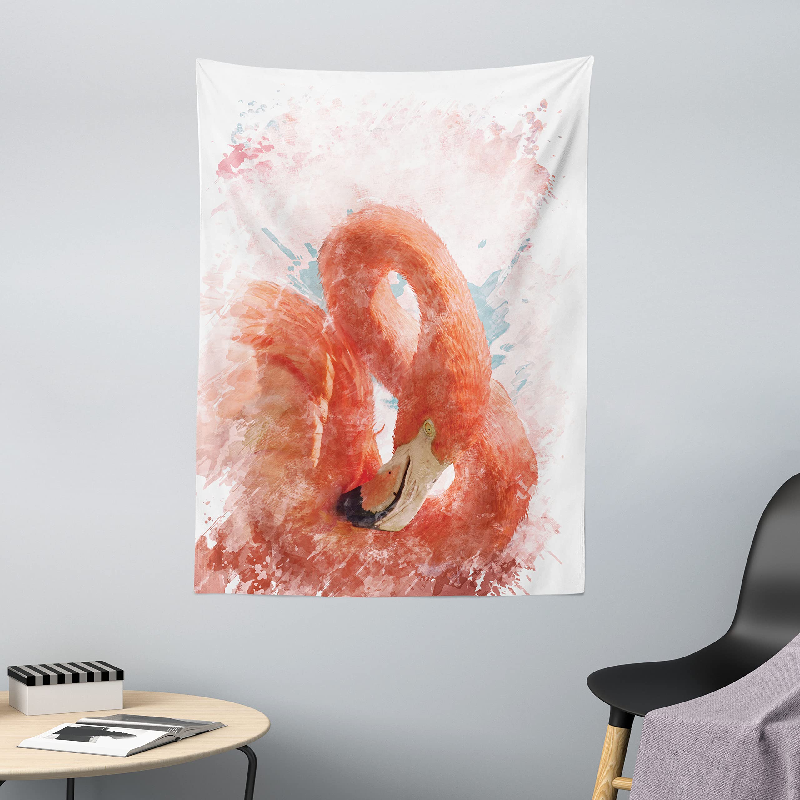 ABAKUHAUS Flamingo Tapestry, Flamingo Bird with Fairy Feather Watercolor Paint Effect Nature Art Work Print, Fabric Wall Hanging Decor for Bedroom Living Room Dorm, 43 W X 58 L, Orange White