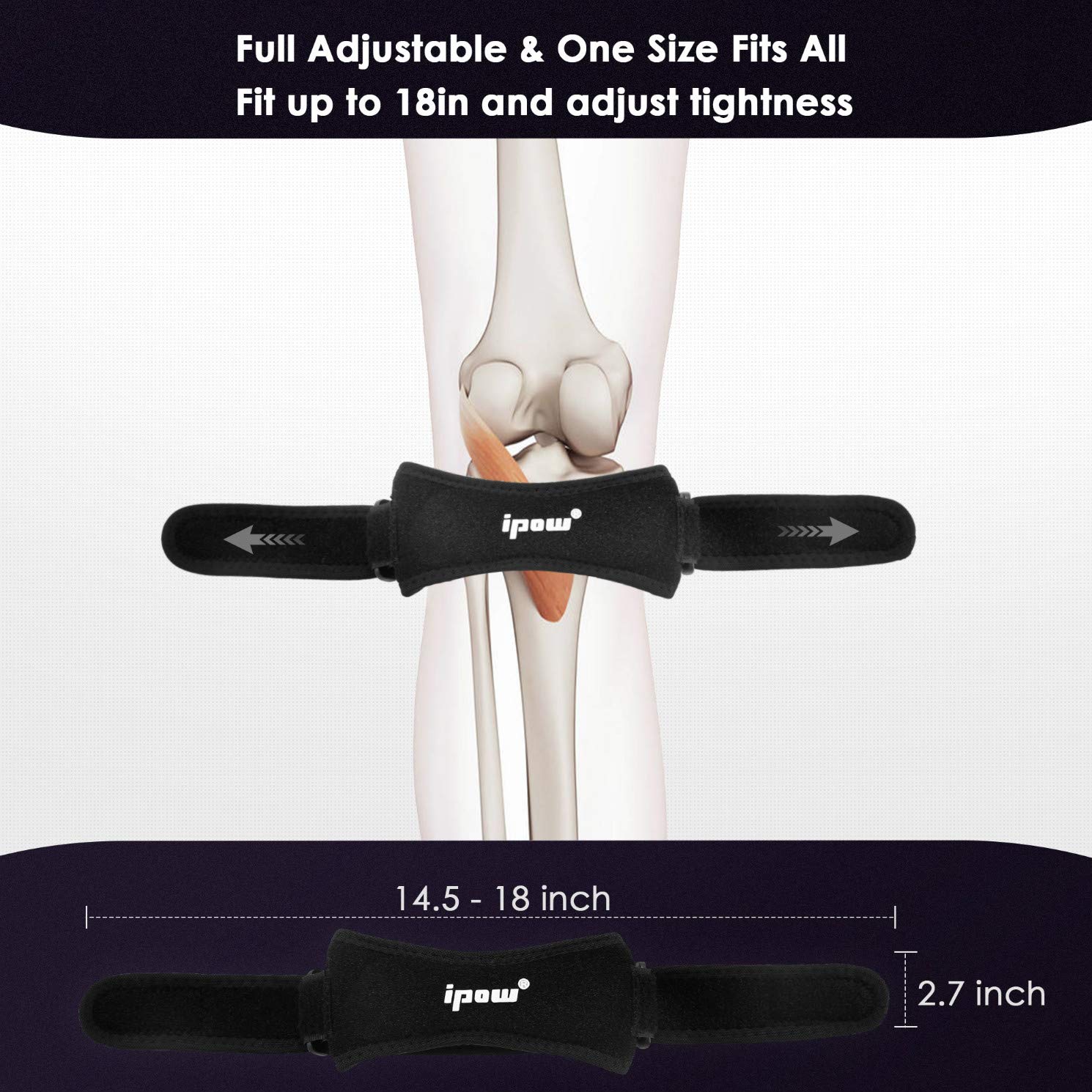 IPOW 2 Pack Knee Pain Relief & Patella Stabilizer Knee Strap Brace Support for Hiking, Soccer, Basketball, Running, Jumpers Knee, Tennis, Tendonitis, Volleyball & Squats, Black