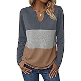 Zeagoo Women's Waffle Shirts V Neck Long Sleeve Tops Color Block T-Shirts Casual Pullover Tunics 2025 Fashion Basic Tees