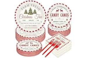 GOLDGAO 200Pcs Christmas Paper Plates and Napkins Christmas Old Fashion Tableware Set Xmas Tree Candy Canes Disposable Dinnerware Set Winter Holiday Birthday Party Supplies Decorations Serve for 50 Guests