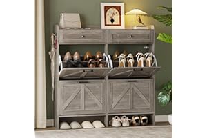 BORNOON Shoe Storage Cabinet for Entryway, Farmhouse Wide Shoe Cabinet with 4 Flip Drawers and 2 Top Drawers, Freestanding Organizer with Adjustable Shelves, Hooks, and Anti-Tip Kit for Hallway