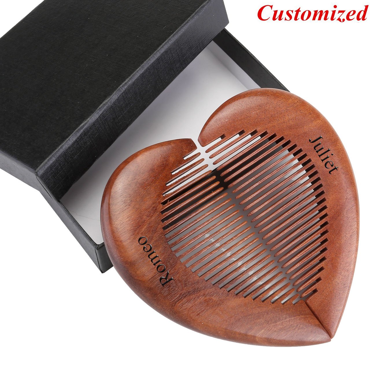 CCbeauty Personalized Custom Engraved- 2Pcs Wood Comb Heart-shaped Anti Static Natural Red Sandalwood Comb Handmade Comb Massage Wooden Combs Set