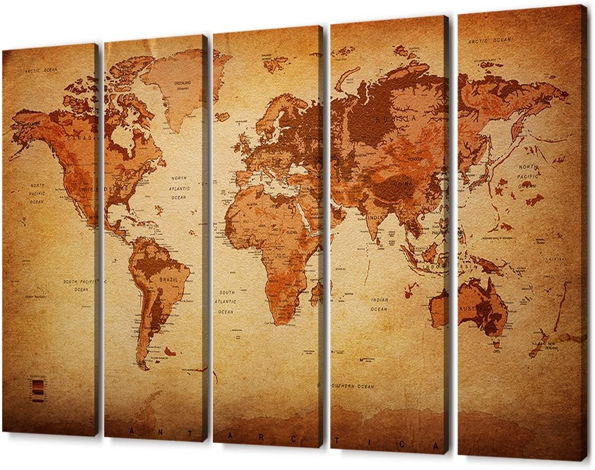 Large 5 Panel Vintage World Map Painting Canvas Prints Wall Art Framed Pictures Retro Leather Pattern Background Map Of The World Artwork Elevation Tints for Home Office Kitchen Decoration 60 x 32"