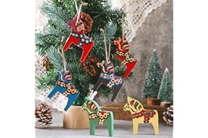 Vercraft 6 Pcs Swedish Dala Horse Christmas Ornaments Wooden Dala Horse Hanging Pendant Decorative Dalecarlian Horse Figurine Christmas Decorations for Home Xmas Tree Party Gift (Vintage Color)