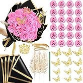 SEMONONIA DIY Glitter Roses Bouquet 24Pcs - Hot Pink Artificial Glitter Rose with Stems Wrapping Paper 3D Butterflies Crowns for Graduations Anniversary Birthday Mother's Day, for Her