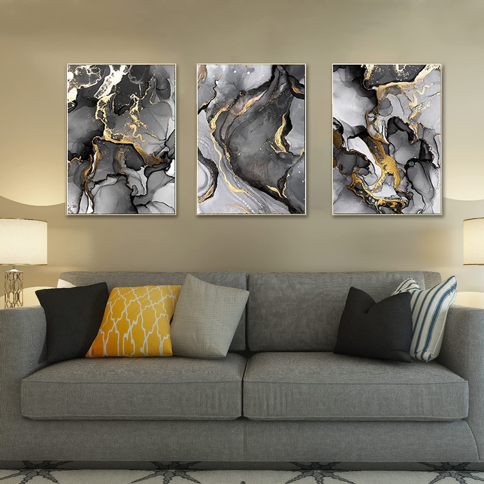 3 Piece Islamic Wall Pictures Decoration Set, Golden Abstract Marble Oil Painting Poster, Allah Islamic Quotes Canvas Painting Living Room Pictures Decoration, No Frame (20 x 30 cm) — image 1