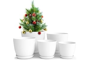 Utopia Home Plant Pots Indoor with Drainage Holes – Set of 5 White Plastic Flower Pots (7/6.6/6/5.3/4.8 Inch) – Modern Planters for Indoor Plants, Room & Office Décor, Great Stocking Stuffers