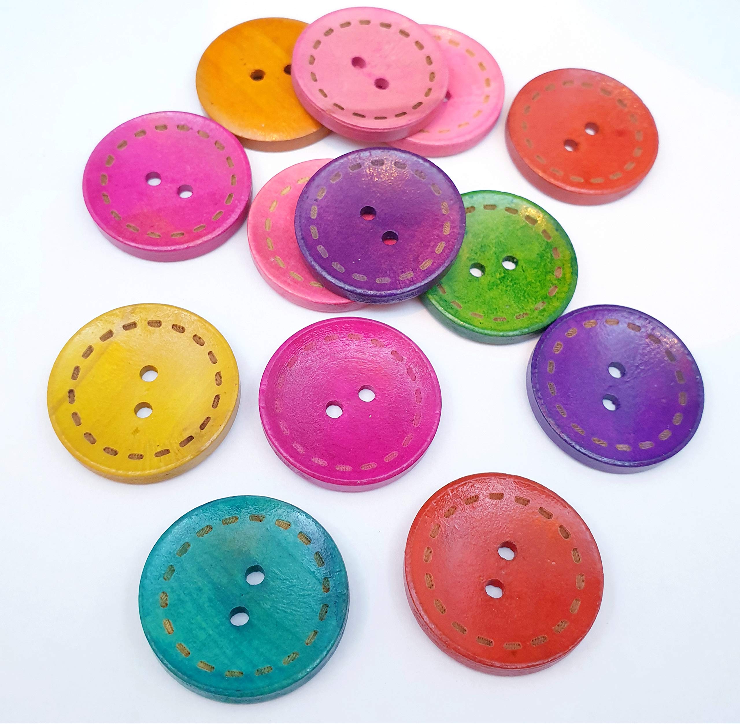 MajorCrafts® 16pcs 30mm Mixed Colours Stitch Pattern 2 Holes Round Wood Large Sewing Buttons Needlework Arts and Crafts Embellishments