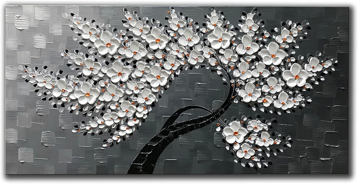Paintings - JELRINR 100% Hand painted Contemporary Art Oil Painting On Canvas Texture White Flower Tree paintings Canvas Wall Abstract Art Modern Home living Room Decor Painting Ready to Hang 24x48 INCH
