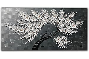 JELRINR 100% Hand painted Contemporary Art Oil Painting On Canvas Texture White Flower Tree paintings Canvas Wall Abstract Art Modern Home living Room Decor Painting Ready to Hang 24x48 INCH