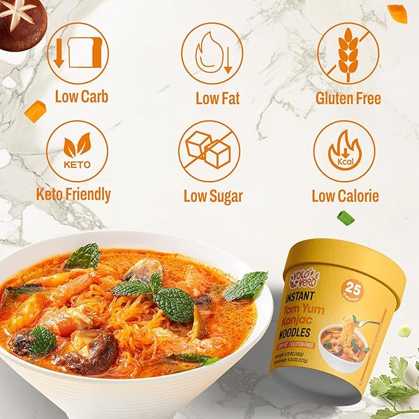 VOLO VERO KONJAC NOODLE INSTANT SOUP CUP TOM YUM FLAVOR, 6 PACKS, GLUTEN FREE, VEGAN, LOW CARB, LOW CALORIE, LOW SUGAR, KETO SHIRATAKI NOODLES ANGEL HAIR PASTA, HEALTHY DIET FOOD, HOLIDAY GIFTS