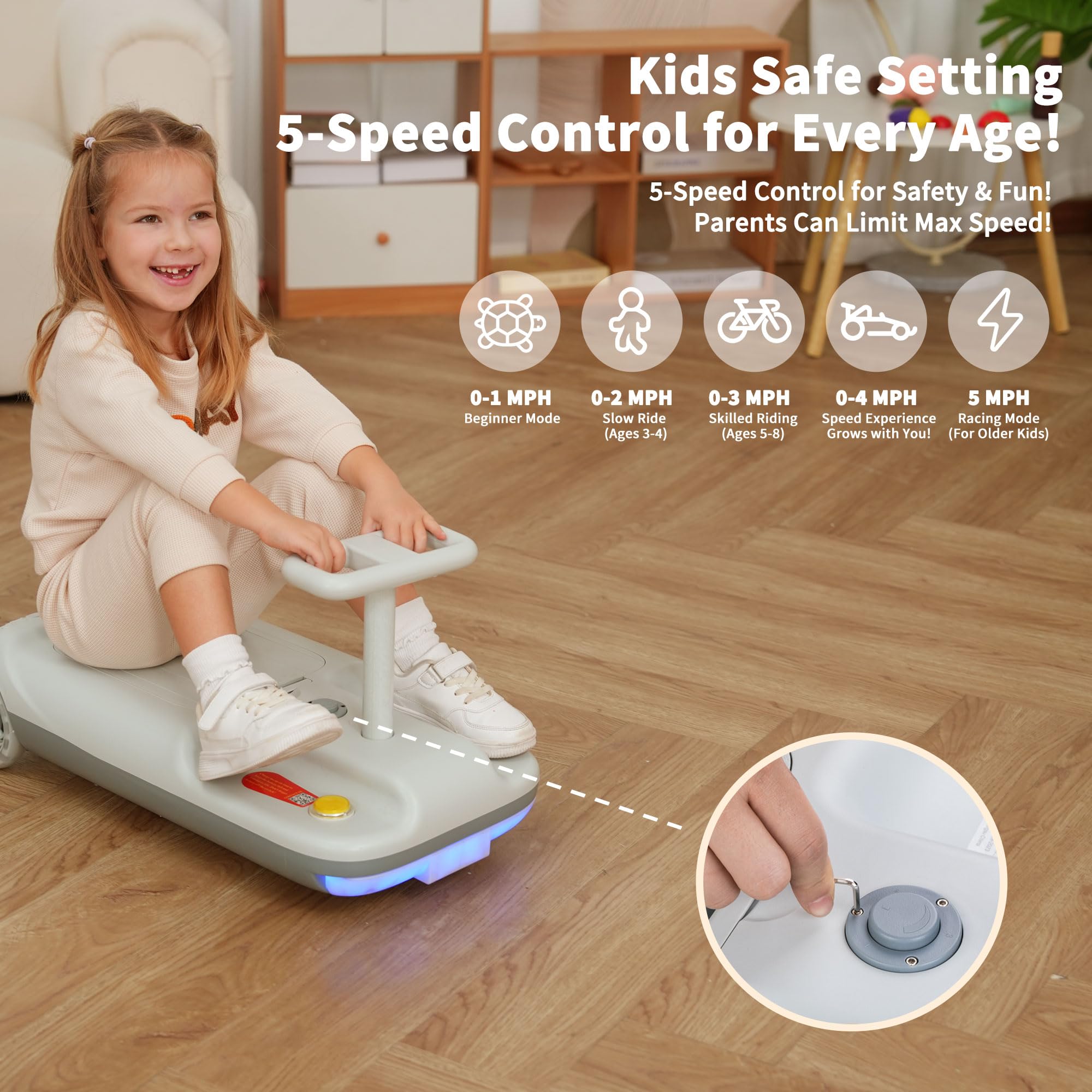 kidscleancar 12V Ride-On Car with Cleaning Fun, 3 in 1 Gokart, Soft-Start, 5-Speed Adjustable, Detachable mop, Rechargeable Battery, 160lbs Capacity, Indoor & Outdoor for Kids Ages 3+ Gray
