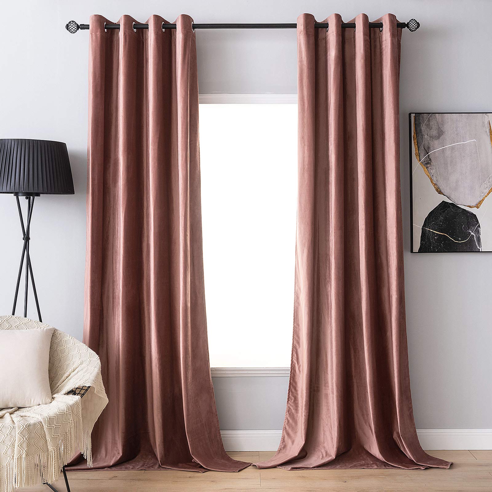 MIULEE Dusty Rose Velvet Curtains for Bedroom 2 Panel Set 57 Inch Drop Curtains, Soft Elegent Home Decor Velvet Curtain Living Room, Sun Blocking Room Darkening Thermal Eyelet Curtain 55x57 Inch
