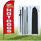 Buryeah Hot Dogs Feather Flag Kit Hot Dogs Swooper Flag with Pole Ground Stake and Portable Bag 7 ft Sign for Business Restaurant Advertising Business Banner for Outside Ground(Red)