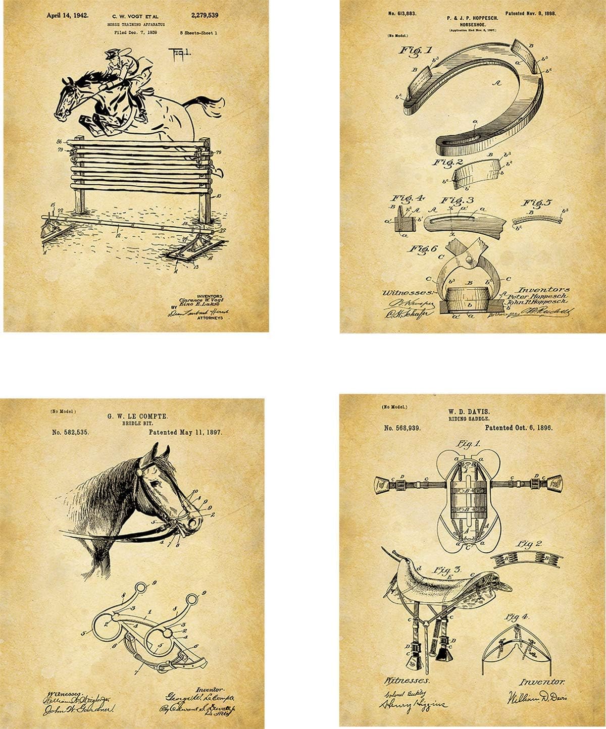 Equestrian Patent Wall Art Prints - set of Four (8x10) Unframed - wall art decor for horse lovers