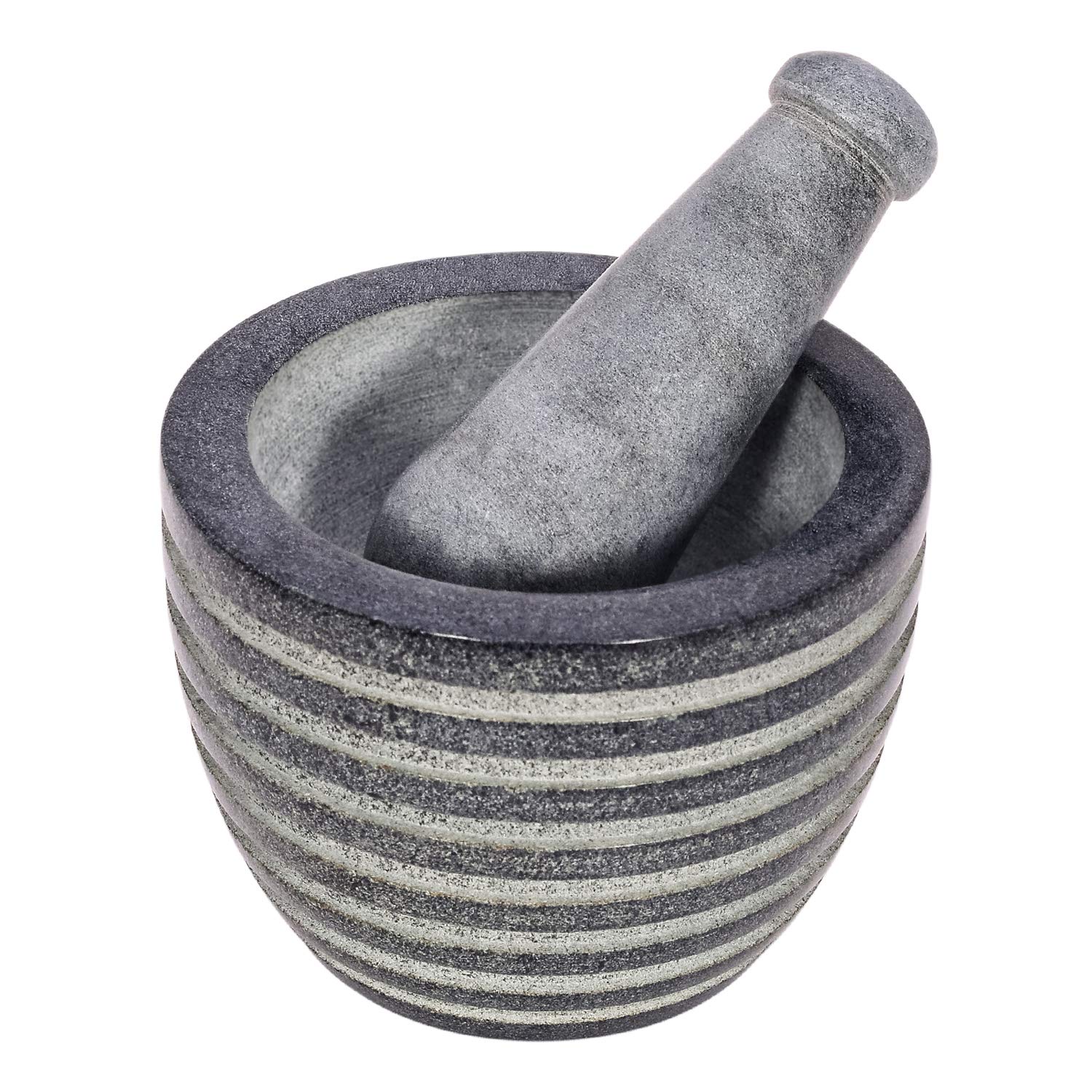 Divit Shilp Mortar and Pestle, Made of Heavy Duty Polished Hard Stone, Natural Stone Grinder For Spices, Pastes, Herbs, Seasoning etc. (Black with Rings)