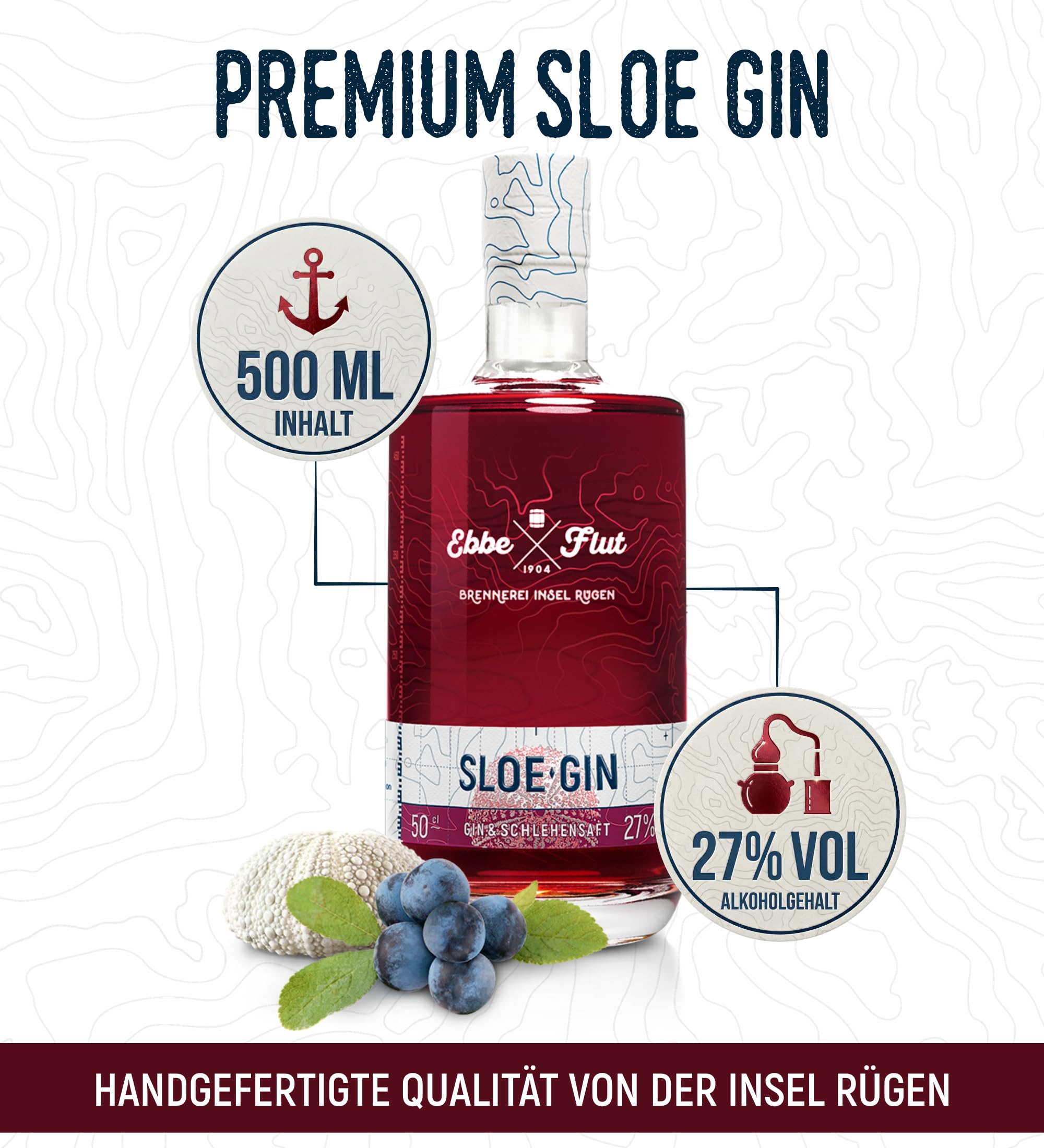 Ebbe & Flut Sloe Gin 500ml | Handgemachter Schlehen Gin von der Insel Rügen | Mit regionalen Schlehen verfeinert | Fruchtig-süß & würzig | Premium Genuss aus Deutschland | 27% vol. Alkohol 2