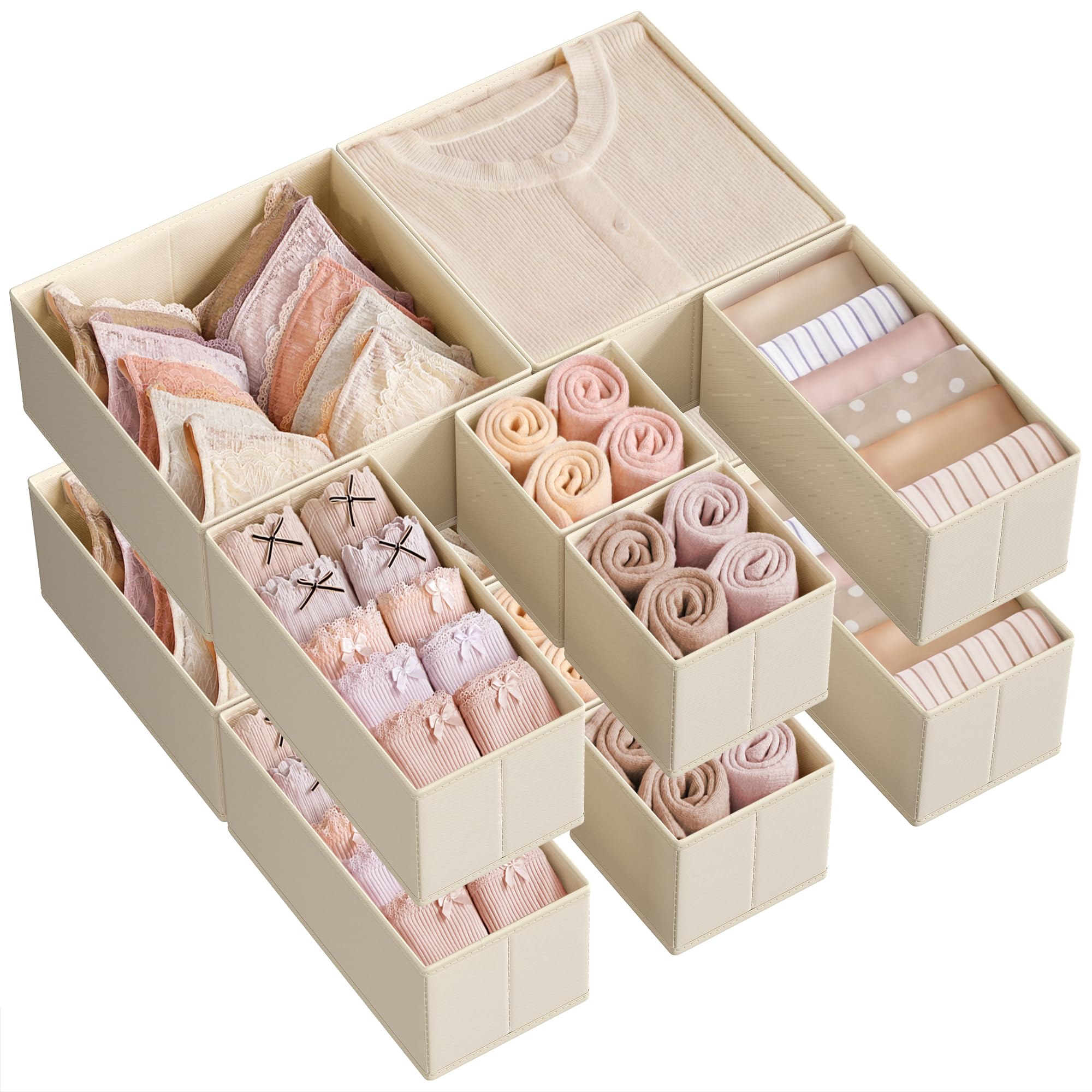 SONGMICS Drawer Organisers, Dresser Dividers, Set of 12, Foldable Fabric Storage Boxes for Socks, Underwear, Bras, Ties, Scarves, Summer Sand RDZ006Y02