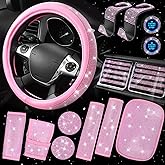 CAR PASS Bling Pink Car Accessories Set for Women, Sparkly Rhinestone Diamond Steering Wheel Cover Seat Belt Cushion Glitter Shift Knob Cover Car Cup Holder Coaster Cute Interior Sets, Pink 22 PCS