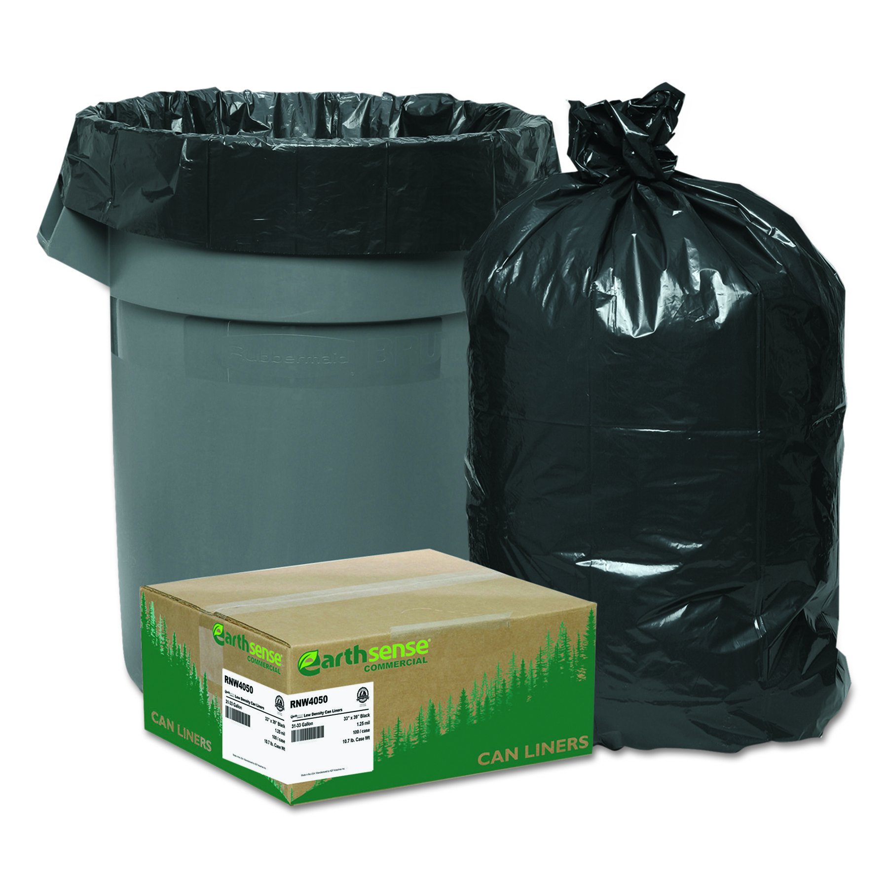 Earthsense Commercial RNW4050 Recycled Can Liners, 33gal, 1.25mil, 33 x 39, Black (Case of 100)