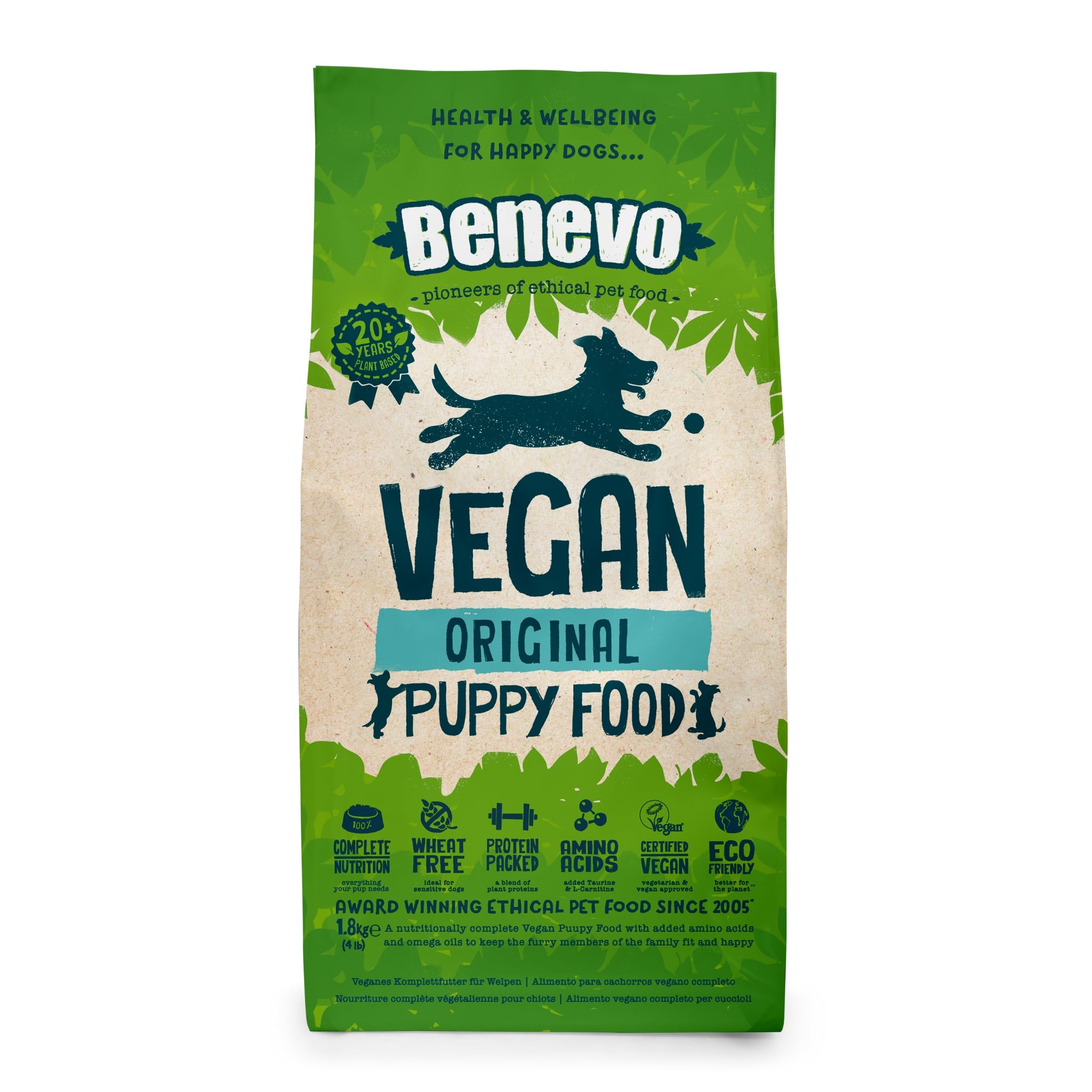 Benevo Vegan Puppy Food Dry (1.8kg) Hypoallergenic, Wheat Free & Non GM, With Essential Fatty Acids, Taurine, & L-carnitine, For Large & Small Breeds, Approved By PETA & Vegan Society UK