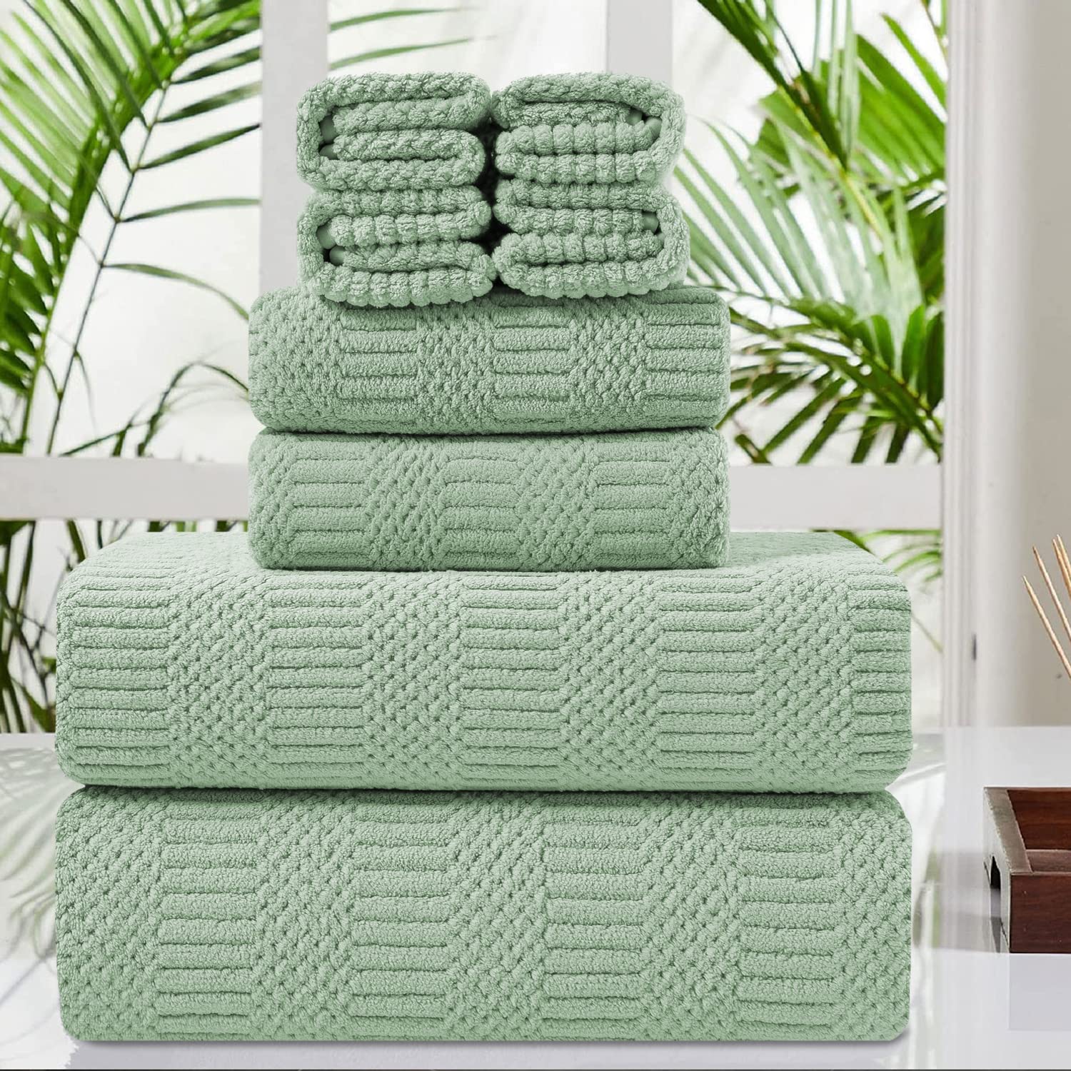Photo 1 of 8 Piece Oversized Green Bath Towel Set-2 Extra Large Bath Sheets,2 Hand Towels,4 Washcloths-400GSM Soft Highly Absorbent Quick Dry Beach Chair Towel Woven Towel for Bathroom Hotel and Spa