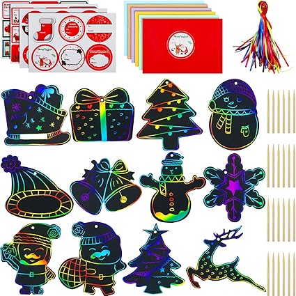 Amazon Com Outus 48 Christmas Rainbow Scratch Ornaments Diy Paper Art Craft Supplies And 30 Christmas Stickers And 24 Envelope For Kids Christmas Winter Craft Toys Games
