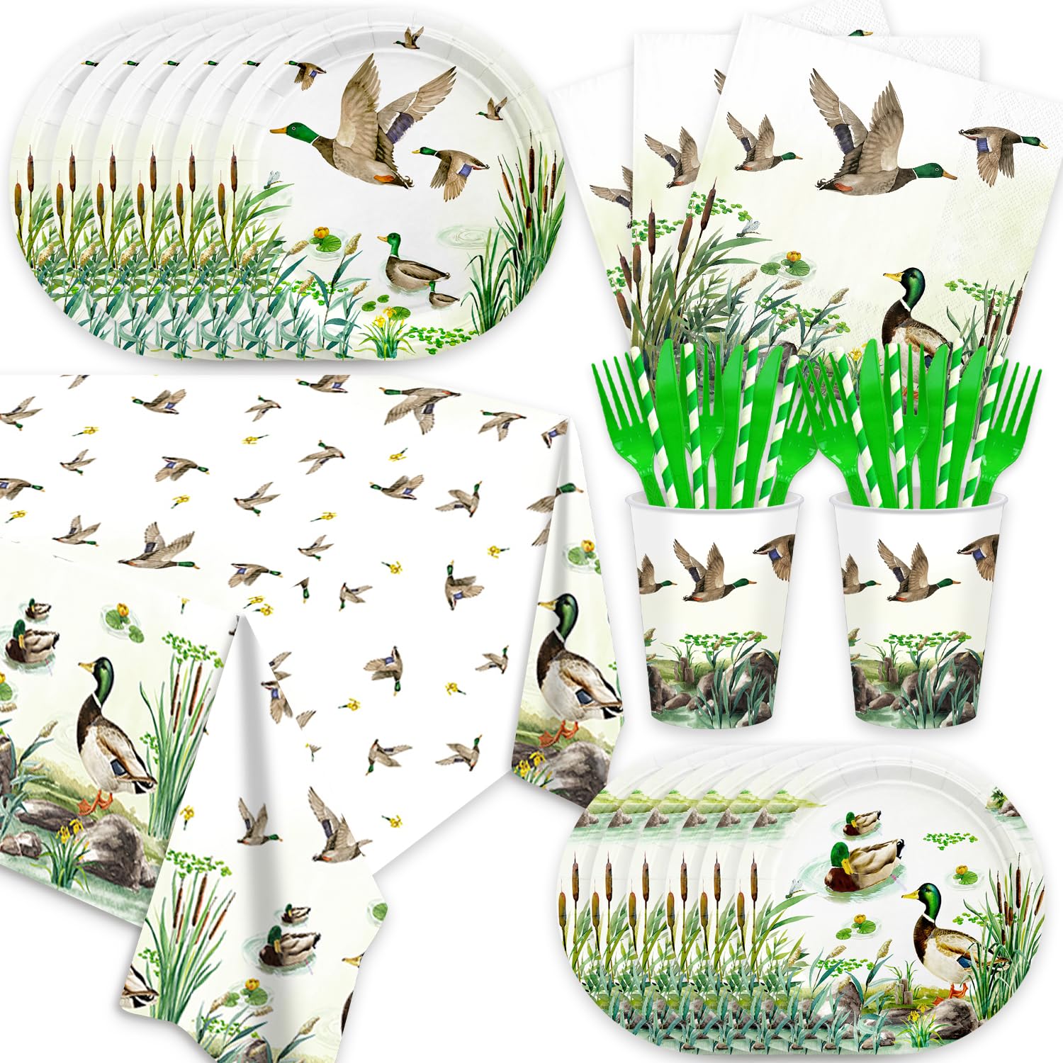 Photo 1 of 141Pcs Mallard Duck Birthday Decorations Hunting Ducks Plates and Napkins Tablecloth Cutlery Cups Straws Party Supplies for Baby Shower Serve 20 One Lucky Duck Birthday Decorations
