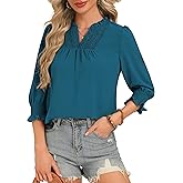 Funlingo Blouses for Women Dressy Casual 3/4 Length Sleeve Tops Ruffle V Neck Lace Shirt with Smocked Cuffs