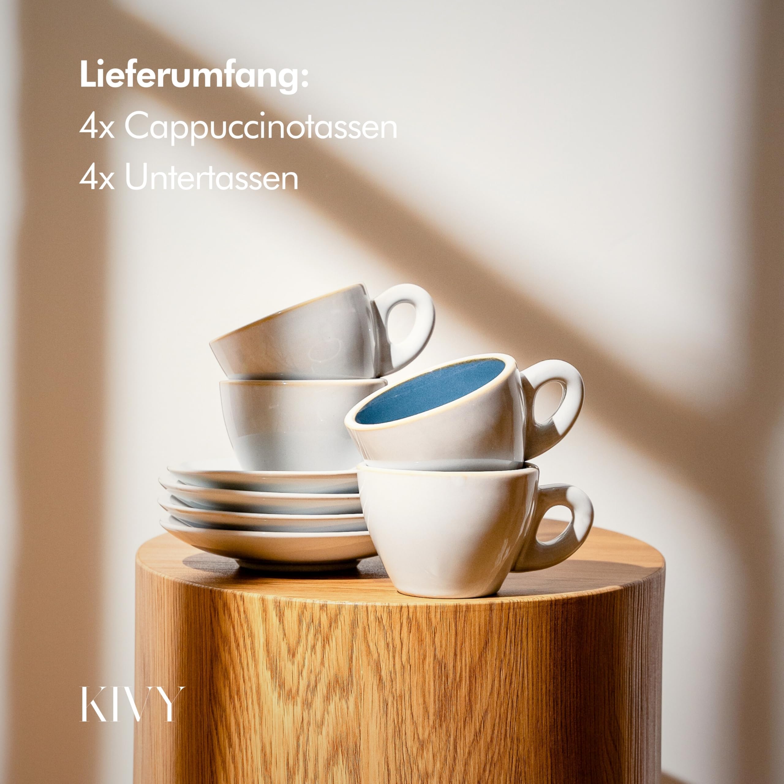 KIVY Cappuccino Tassen Dickwandig [4 x 240ml] - Handgefertigte Steingut Tasse - Kaffeetassen mit Untertassen - Cappuccinotassen Grau Blau- Milchkaffee Tassen Groß - Cappuccino Tasse mit Untertasse 5