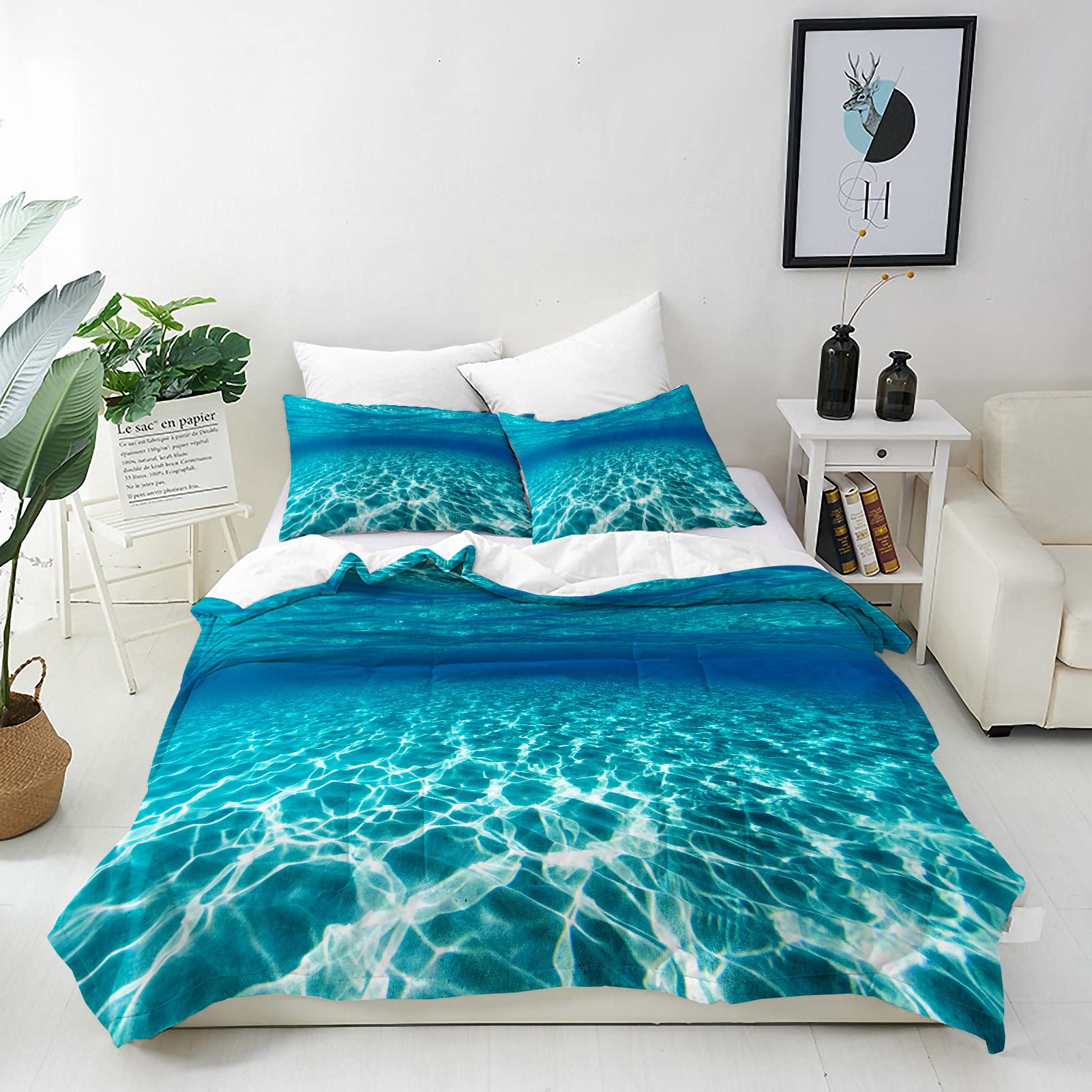 ANHOPE Ocean Duvet Cover Set Soft Comforter Cover Underwater Sea World Print Pattern 3 Piece Bedding Set with Pillowcase All Season Decor Quilt Cover with Zipper for Kids Adults Double Size