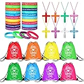 52Pcs Christian Party Favors 16 Christian Goodie Bag Drawstring Backpack 20 Bible Verse Bracelets 16 Crystal Cross Necklaces for Christmas Bulk Items Christmas Shoebox Gifts Jesus Gifts Easter