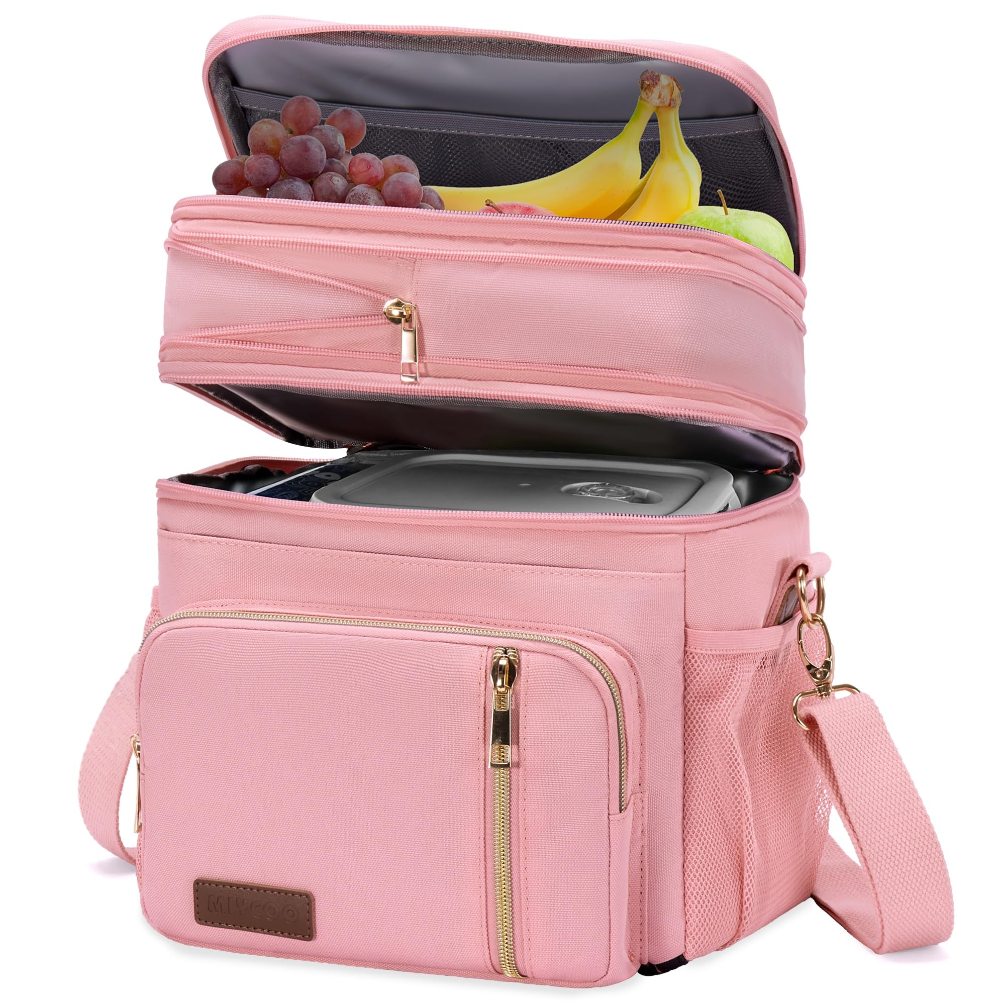 MIYCOO Lunch Bag & Lunch Box for Women Men Double Deck - Leakproof Insulated Soft Large Lunch Cooler Bag for Picnic, Pink,15L