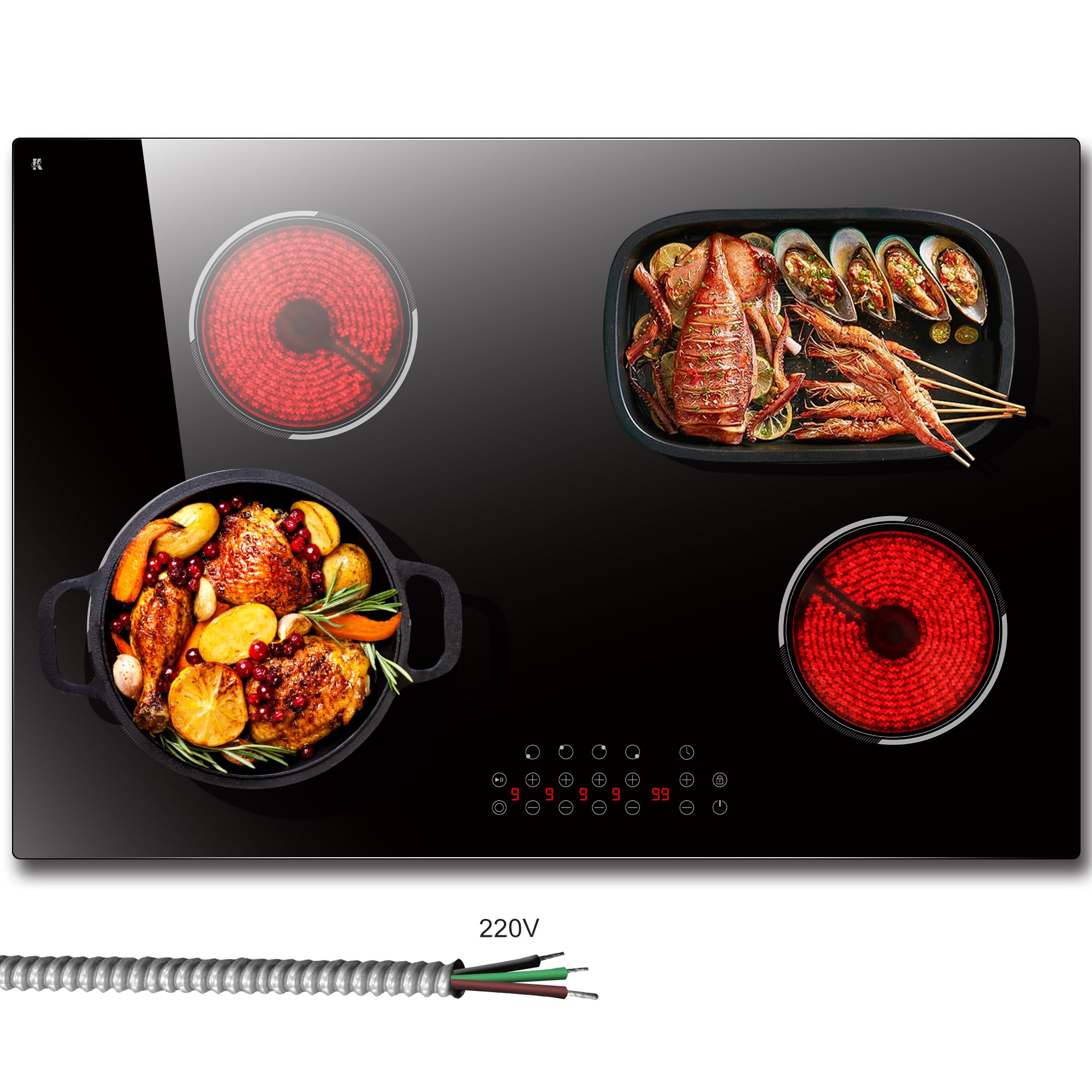 Photo 1 of ***USED**** Traenvir 4 Burner Electric Cooktop, Built-in 30 Inch Electric Stove Top 6600W, Ceramic Stove Top with Expanded Zone, Touch Control, Child Lock, Timer, Pause Control, 220V - 240V Hard Wire, No Plug