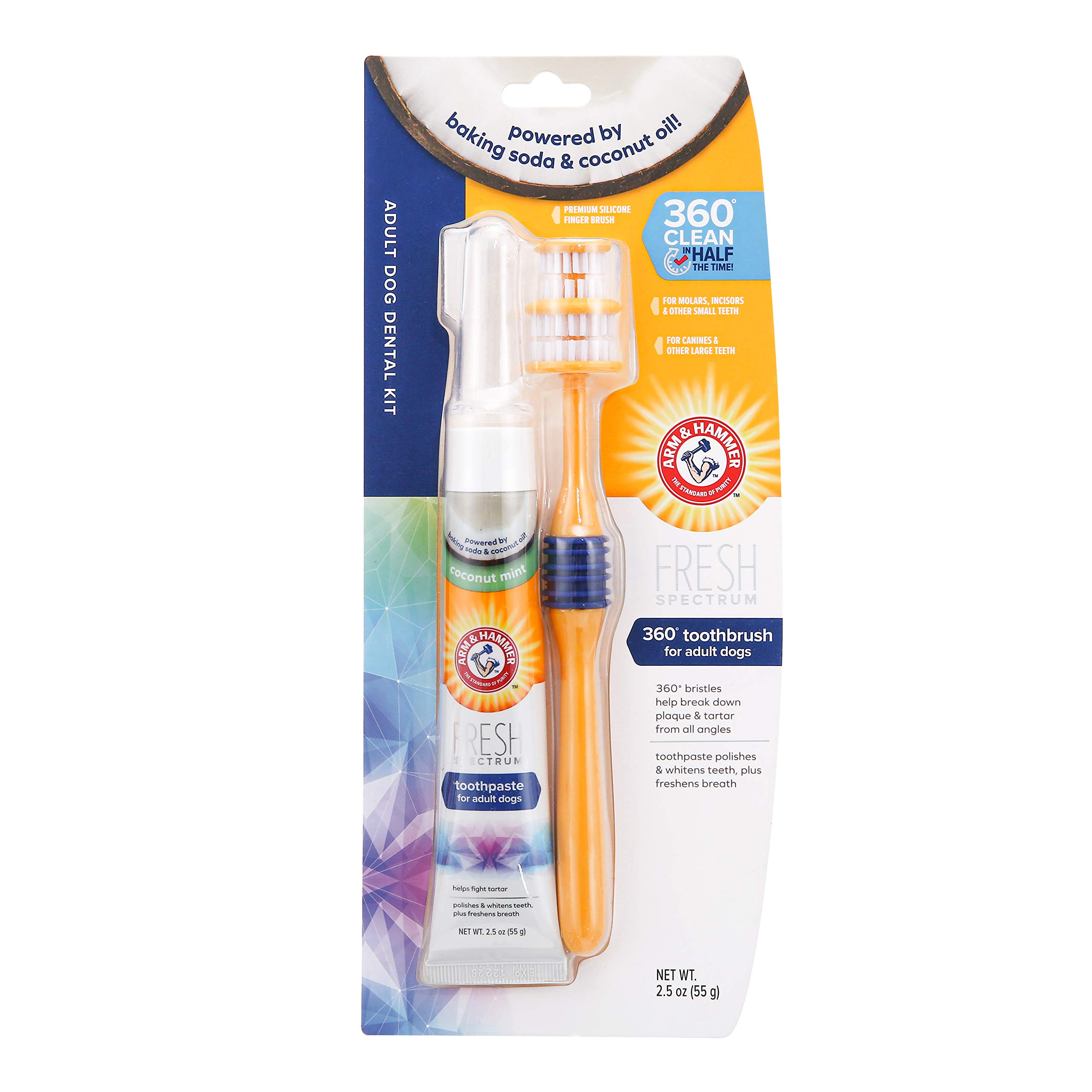 ARM & HAMMER Fresh Spectrum Coconut Dental Kit for Dogs, Includes Dog Toothpaste Toothbrush & Finger Brush, Removes Plaque & Tartar, 360° Brush Deep Cleans all Tooth Surface, Easy to Use Dog Oral Care