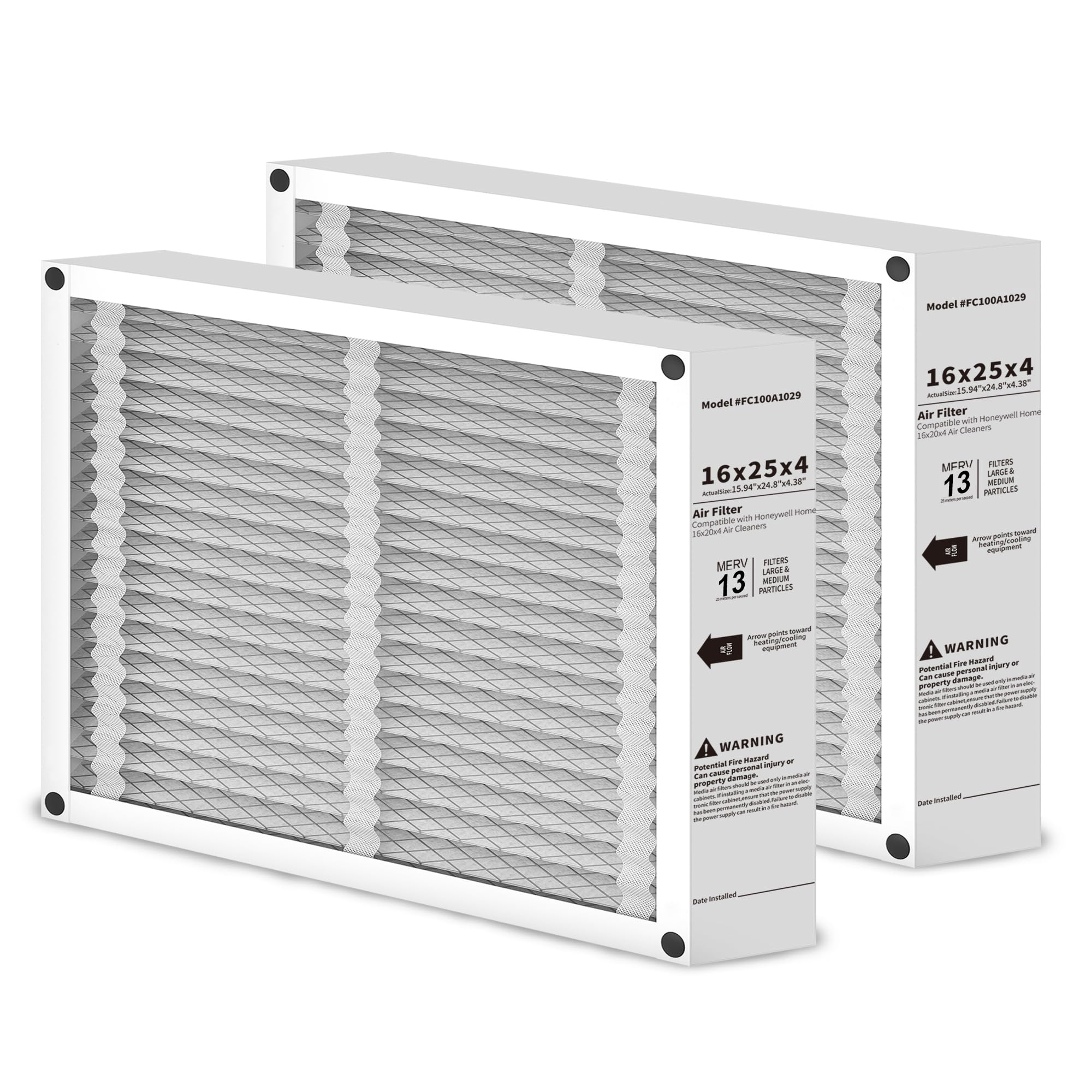 Photo 1 of 2 Pack 16x25x4 Air Filter Replacement Compatible with Honeywell FC100A1029 Pleated HVAC, MERV 13 Furnace Filter, Foldable Design (Actual Size: 15.94 x 24.86 x 4.38 Inches)