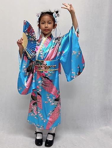Japanese Traditional Dress Kimono Robe for Kids Girls Costume Silk Folding  Fans hairstick Set(Skyblue140cm)