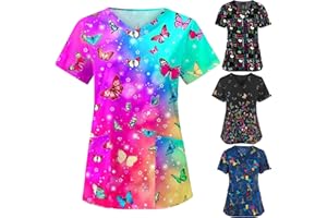 OIOLOYJM Scrubs for Women Animal Print Tops for Women V Neck Cartoon Pattern Short Sleeve Nursing Tops with Pockets