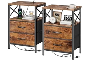 Huuger Nightstands Set of 2, Night Stand with Charger Station, 2 Drawer Side Table with Open Shelf, USB-C Port, End Table for Small Spaces, X Shaped Side Rail, Rustic Brown