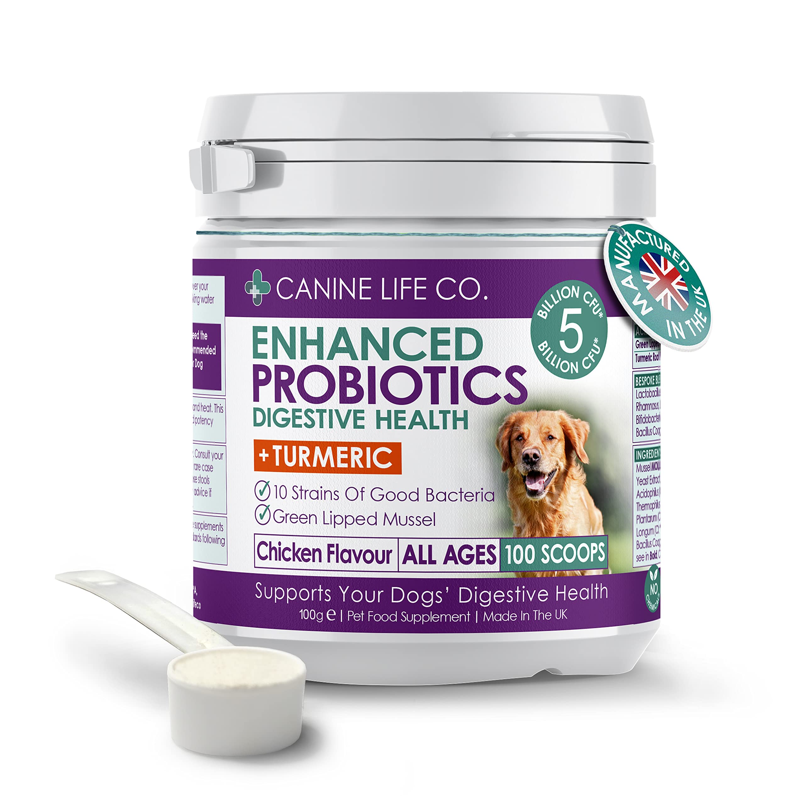 Canine Life Co. Enhanced Dog Probiotics Powder – 5 Billion CFU, 10 Strains – Turmeric & Green Lipped Mussel – Chicken Flavour – Digestive & Allergy Support – 100g