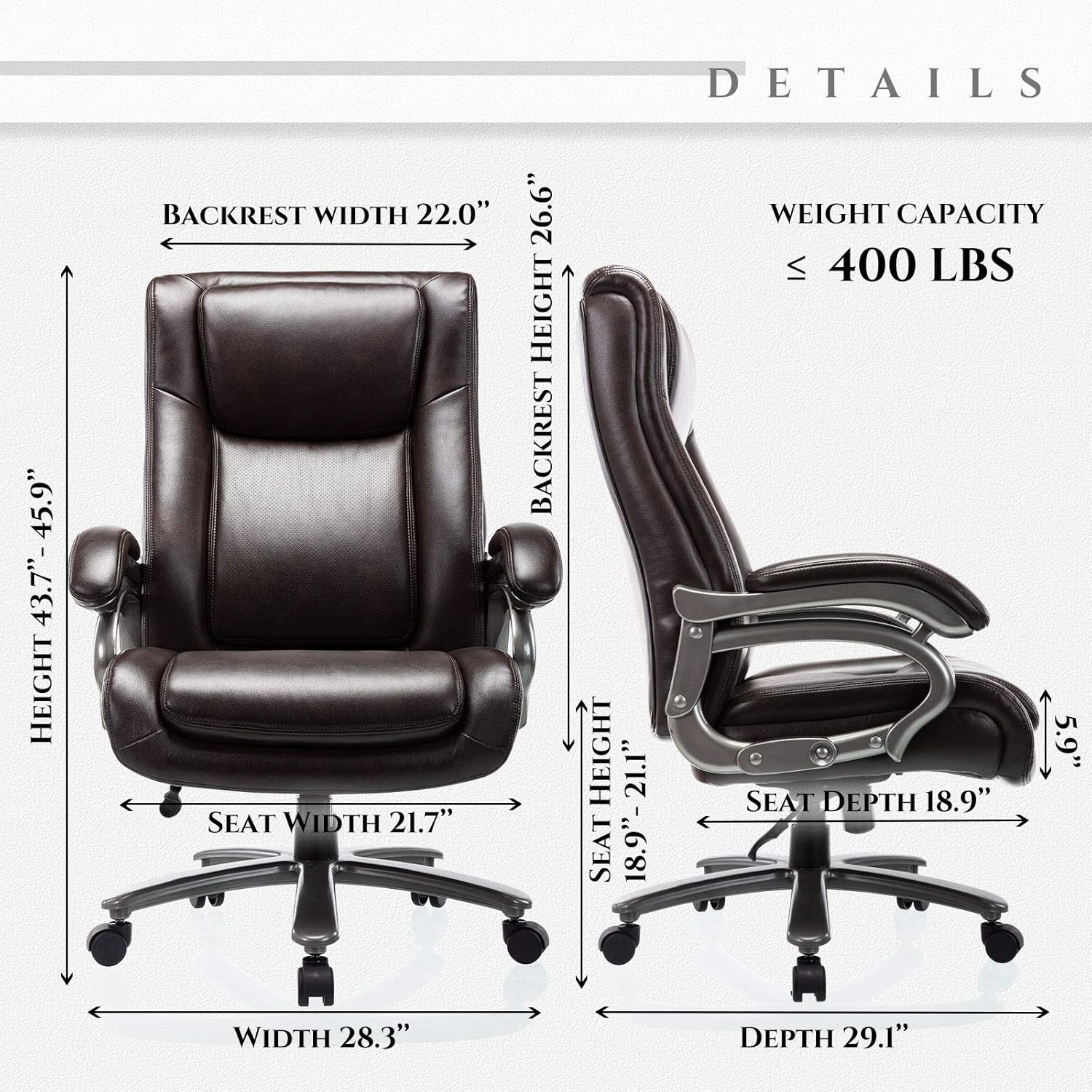 400lb Big & Tall Office Chair - High Back Bonded Leather Executive Managerial Chair, Heavy Duty Metal Base Adjustable Height Thick Padded Seat Ergonomic Design Large Computer Swivel Task Desk Chair: Kitchen & Dining