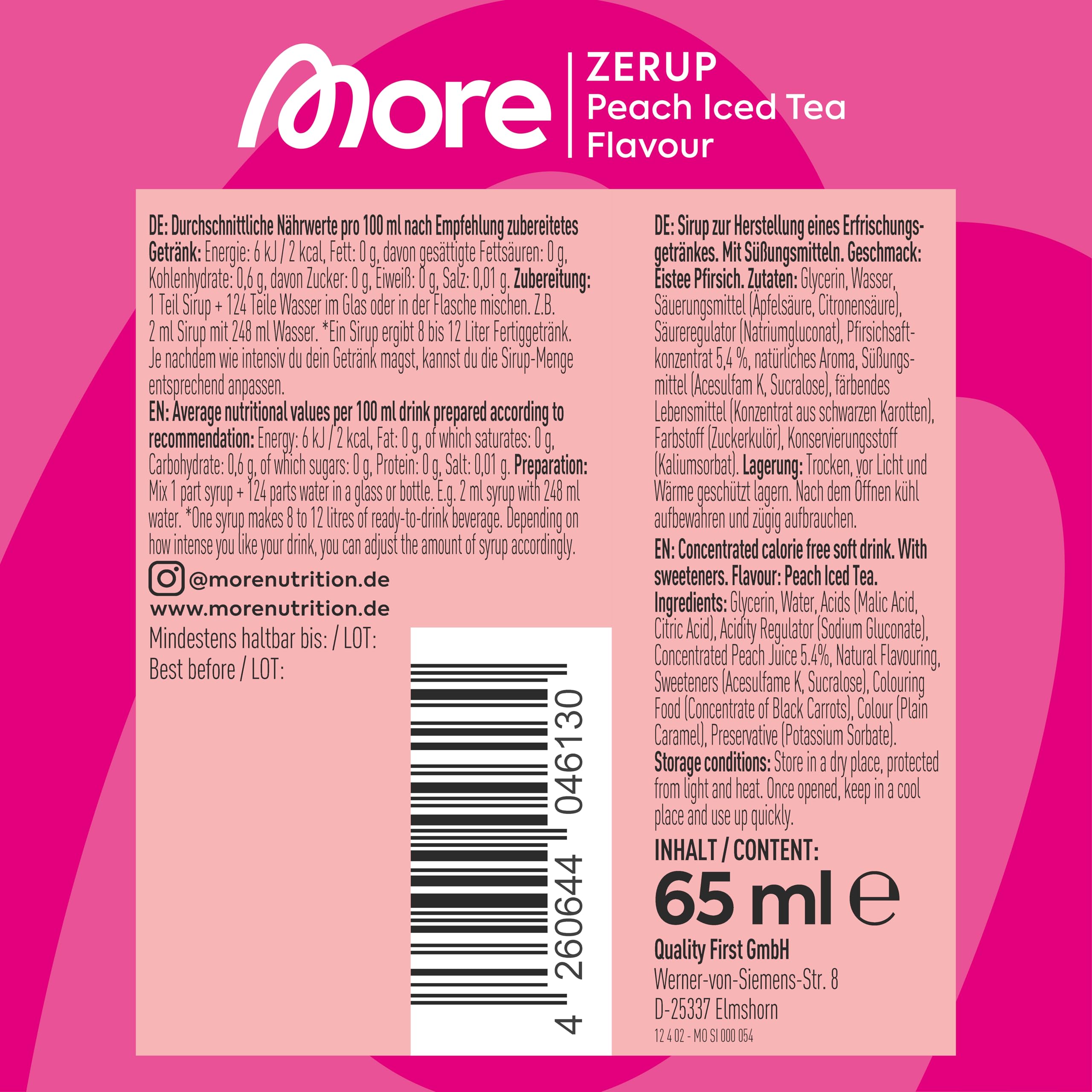 MORE Zerup, Peach Iced Tea, 65 ml, für bis zu 8 l Fertiggetränk, zuckerfreier Sirup mit u.a. echten Fruchtextrakten, vegan, zero Kalorien - made in Germany 4