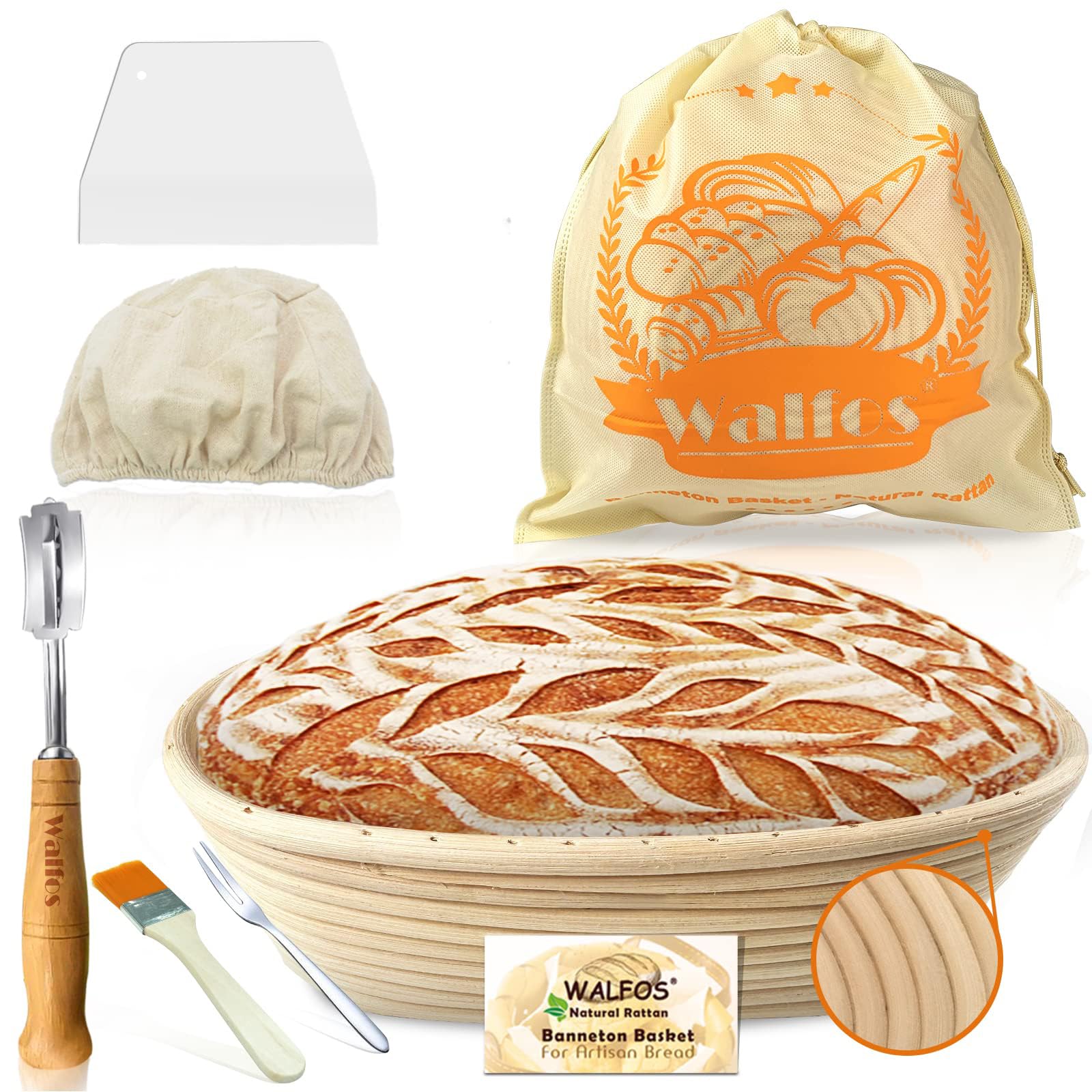 Sourdough Starter kit,Walfos Sourdough Proving basket Set, Natural Rattan - 25cm (10in) Bread Baskets, Bread Lame, Dough Scraper, Cloth Liner, Storage Bag, Cleaning Brush & Bread Fork(oval)